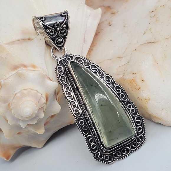 Handcrafted Artisan Jewelry - Silver Pendant Genuine Prehnite Stone